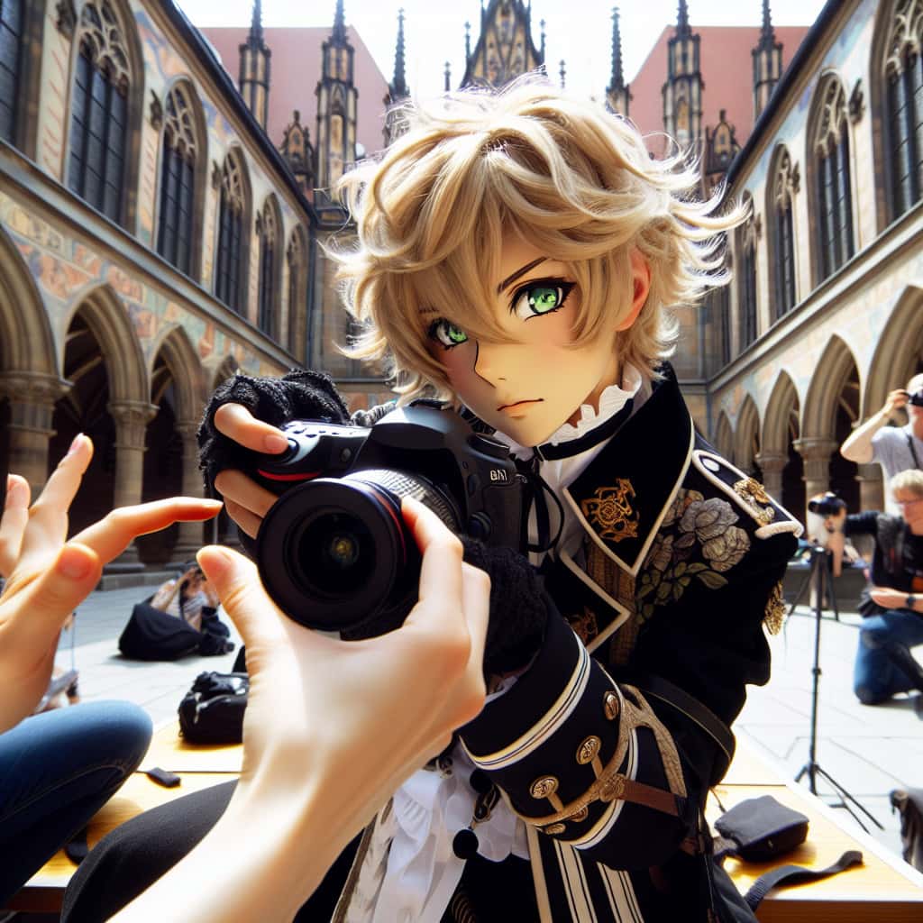 imagine in anime seraph of the end like look showing an anime boy with messy blond hair and green eyes working in cosplay fotograf nuernberg