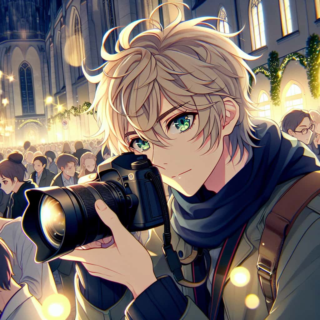 imagine in anime seraph of the end like look showing an anime boy with messy blond hair and green eyes working in eventfotograf aus nuernberg