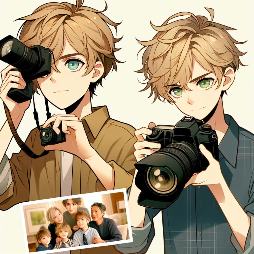 imagine in anime seraph of the end like look showing an anime boy with messy blond hair and green eyes working in familienportraetfotograf