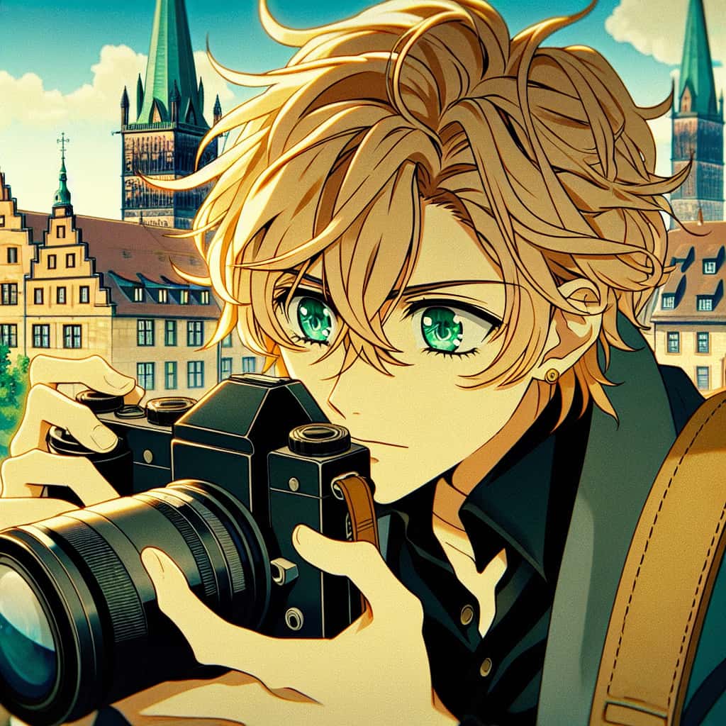 imagine in anime seraph of the end like look showing an anime boy with messy blond hair and green eyes working in modefotograf nuernberg