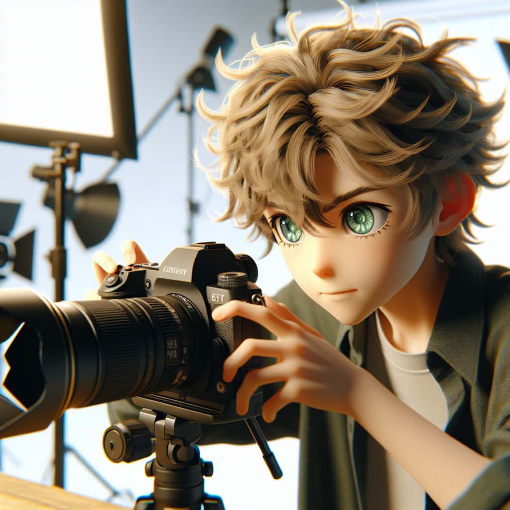 imagine in anime seraph of the end like look showing an anime boy with messy blond hair and green eyes working in portraetfotograf