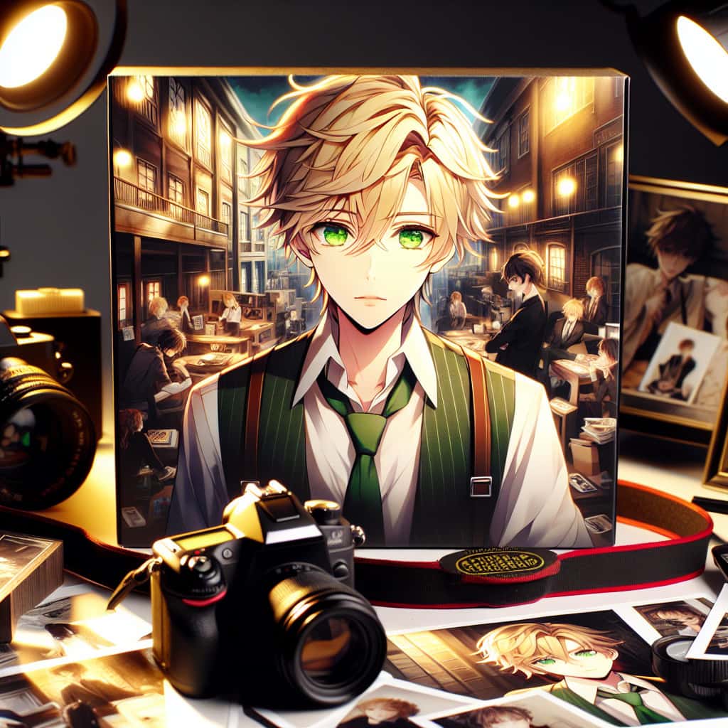 imagine in anime seraph of the end like look showing an anime boy with messy blond hair and green eyes working in portraitfotografie nuernberg