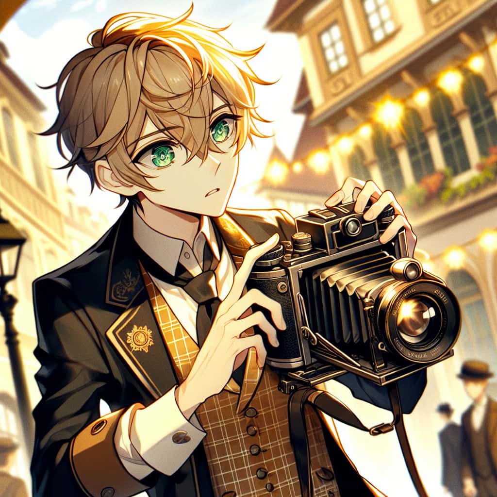 imagine in anime seraph of the end like look showing an anime boy with messy blond hair and green eyes working in studiophotograf aus nuernberg