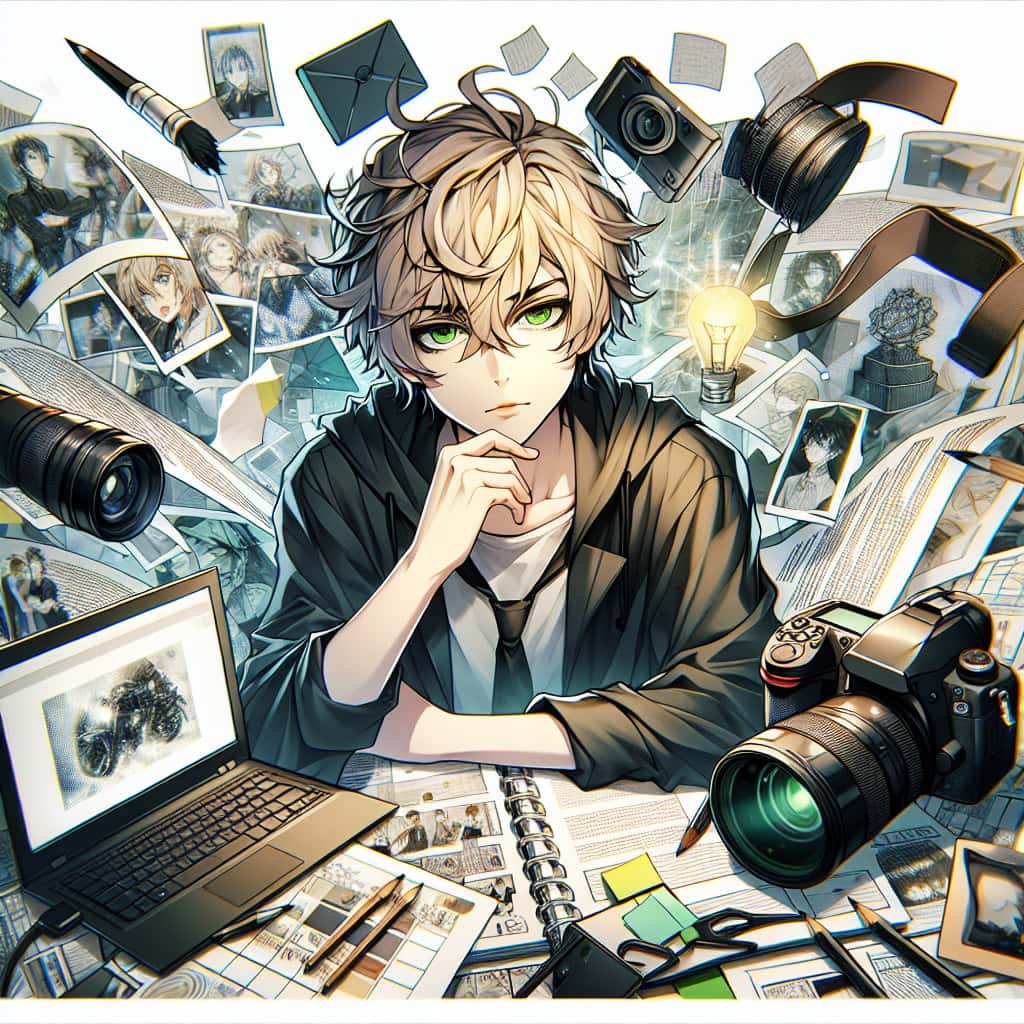 imagine in anime seraph of the end like look showing an anime boy with messy blond hair and green eyes working in youtube inhalte ersteller